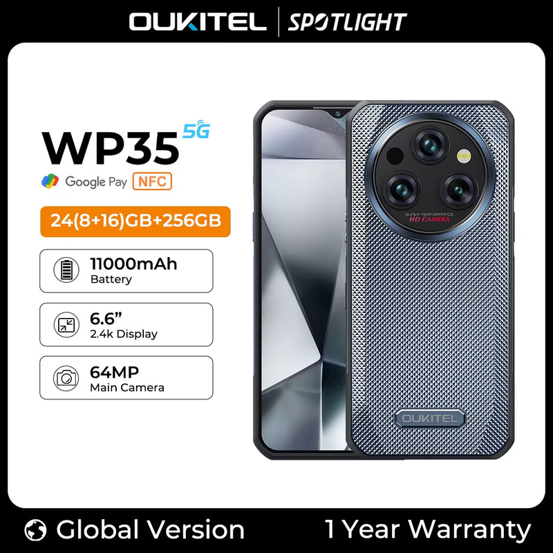 -Wp35 Rugged Smartphone, Android Mobile Phone, NFC Cell Phone, 5G, 11000Mah, 24GB + 256GB, 64 MP