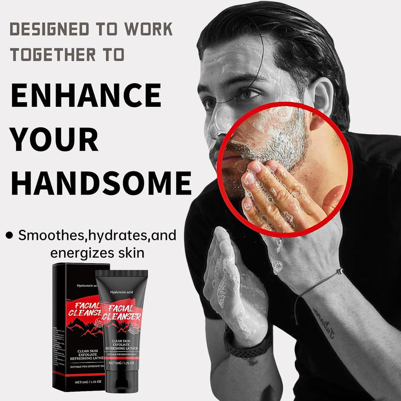 Hyaluronic Acid Skincare Set for Men - Face Wash, Body Wash & Face Moisturiser, Exfoliate, Refreshing, Anti-Aging Facial Kit, Travel Toiletries Set