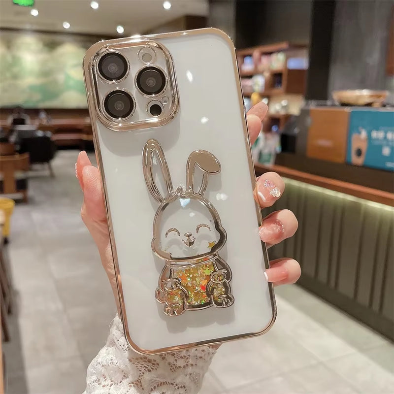 Cute Rabbit Quicksand Glitter Case for Iphone 14 16 Pro Max 13 12 11 15 X Xr Xs 8 7 plus Bear Transparent Camera Protector Cover