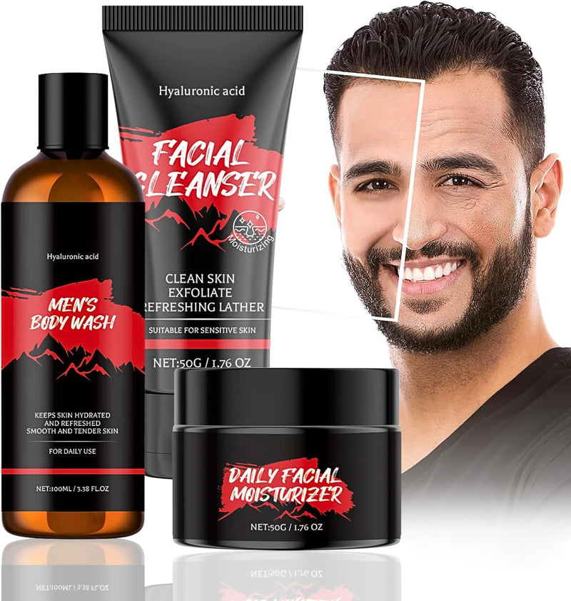 Hyaluronic Acid Skincare Set for Men - Face Wash, Body Wash & Face Moisturiser, Exfoliate, Refreshing, Anti-Aging Facial Kit, Travel Toiletries Set