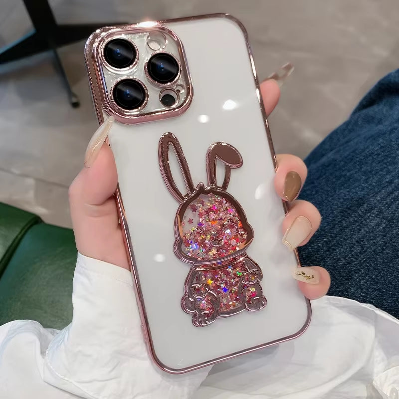 Cute Rabbit Quicksand Glitter Case for Iphone 14 16 Pro Max 13 12 11 15 X Xr Xs 8 7 plus Bear Transparent Camera Protector Cover