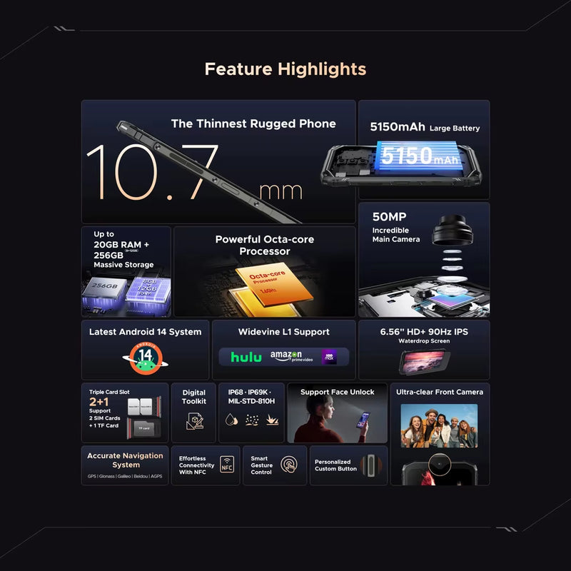 Blade 10 Ultra Rugged Phone 20GB+256GB 50MP Camera 6.56'' Display 5150Mah NFC Android 14 Smartphone