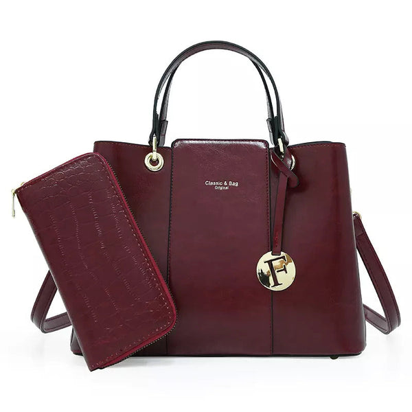Faux Crocodile Handbag Set (2-Pieces) - Maroon