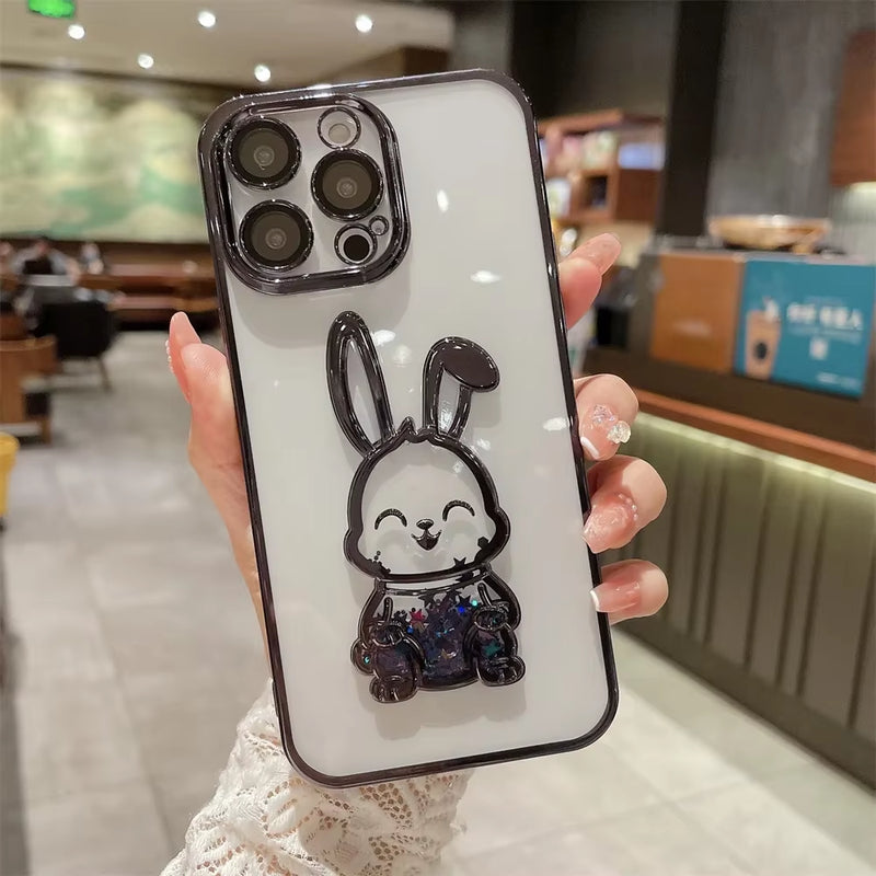Cute Rabbit Quicksand Glitter Case for Iphone 14 16 Pro Max 13 12 11 15 X Xr Xs 8 7 plus Bear Transparent Camera Protector Cover